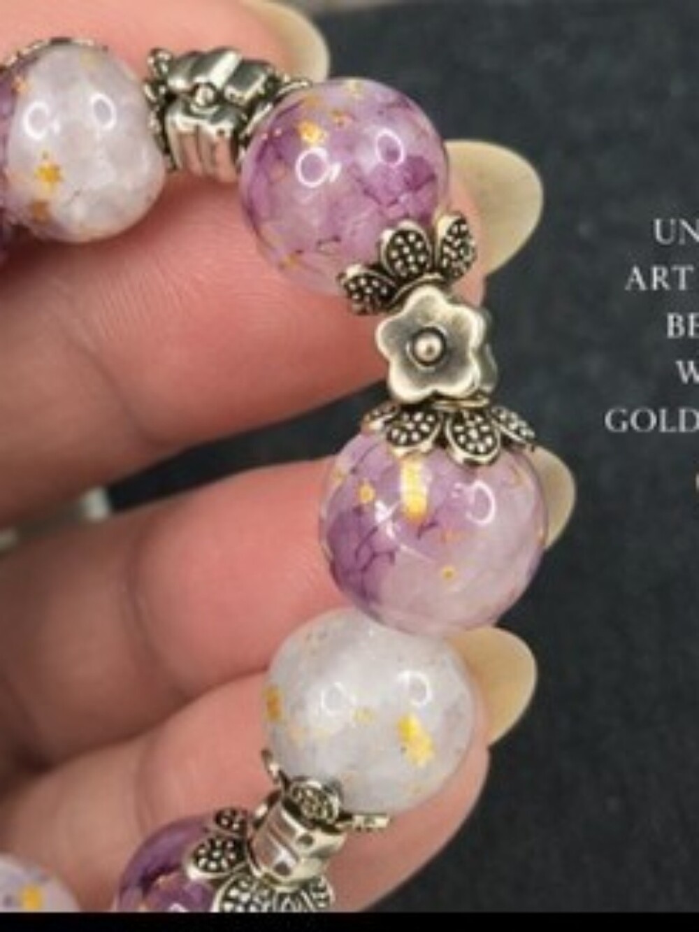 Vintage Purple Art Glass Beaded Stretch Bracelet Gold Flecks Dangle Charm - Picture 5 of 11